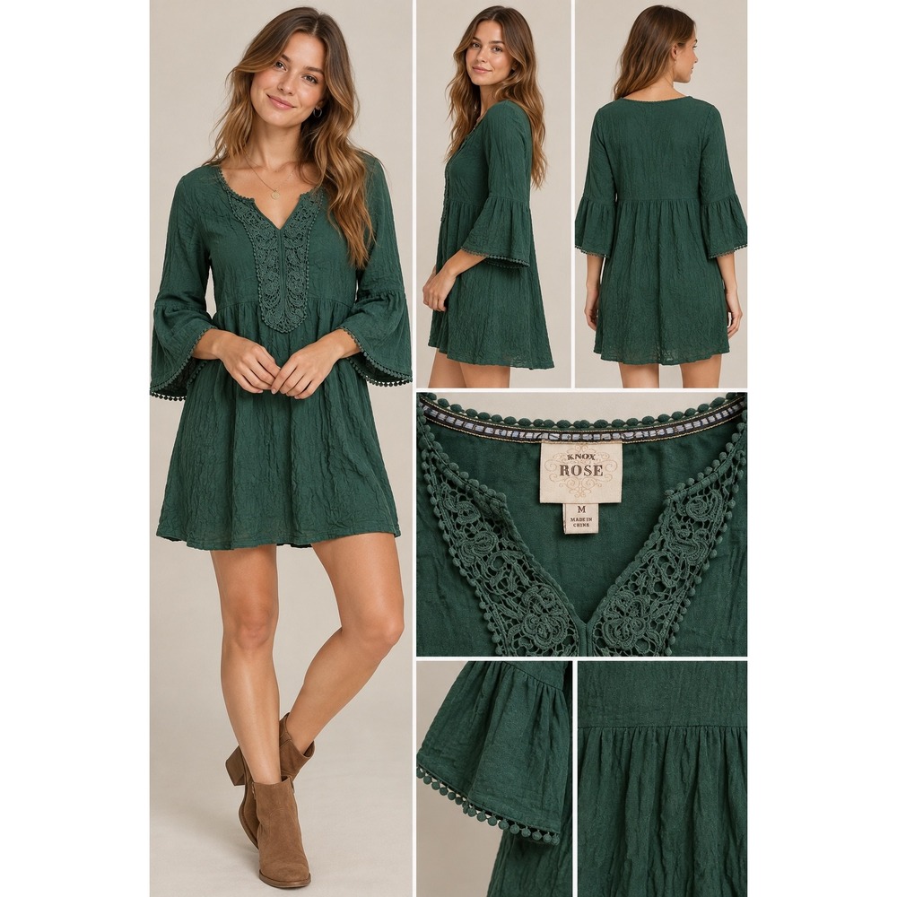 Knox Rose Dark Green Crochet Lace V-Neck Bell Sleeve Babydoll Dress Medium